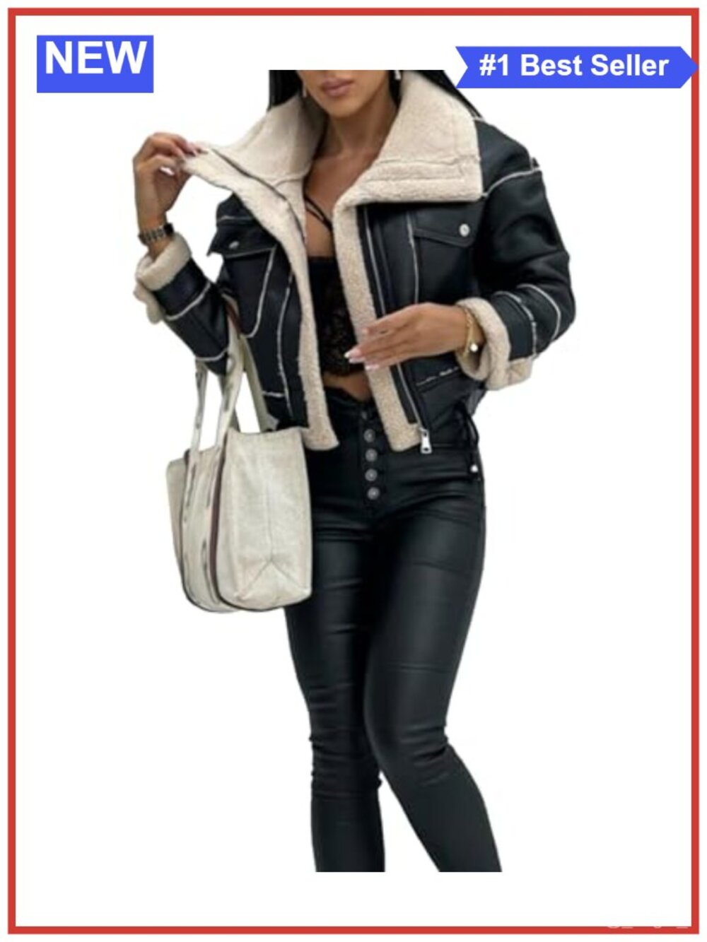 Women's Faux Leather Moto Bomber Jacket Sherpa-Lined Cropped Winter Coat